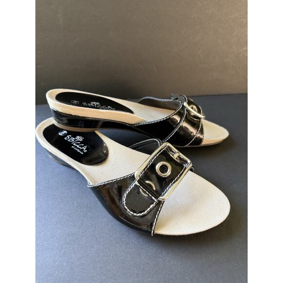 SBICCA Size 7.5 Flat Sandal Slide Black Leather Open Toe Slip On Beachy Casual - Picture 1 of 7